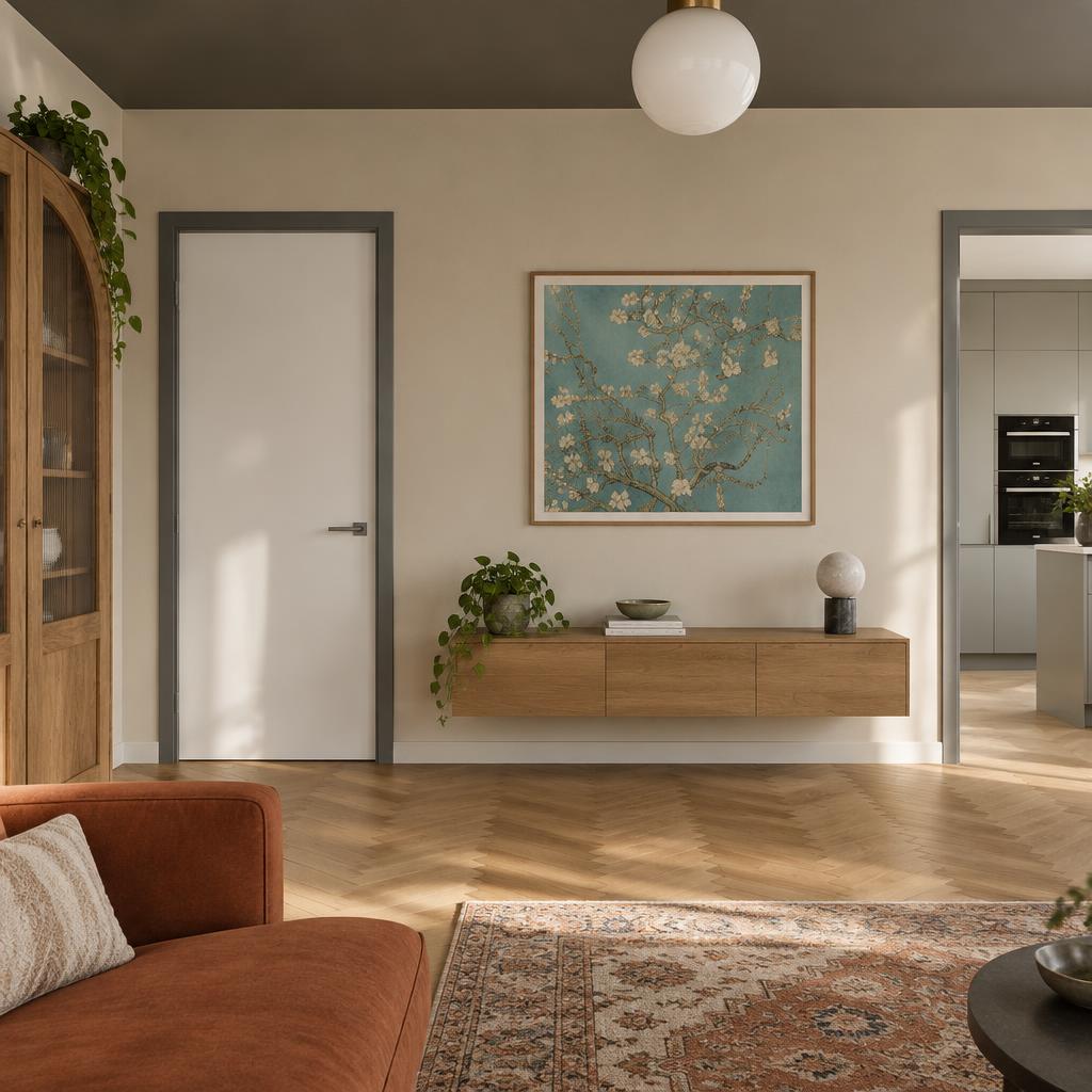 Sfeerimpressie woonkamer met tv-meubel en kunstdruk